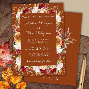 Convites Casamento Floral Outonal de Terracota Bege Borgonh