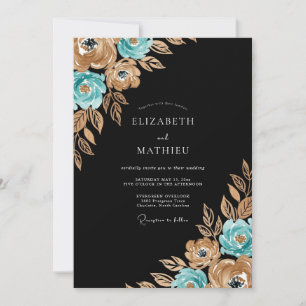 Convites Casamento Floral Outonal Dourado e Turquesa