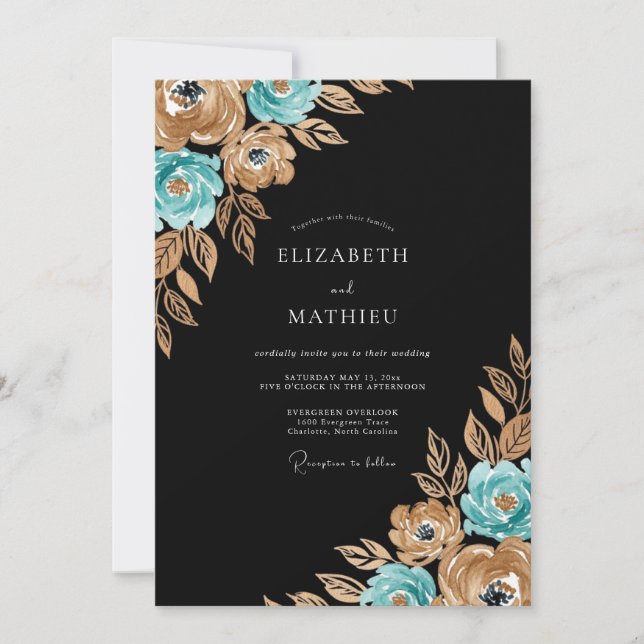 Convites Casamento Floral Outonal Dourado e Turquesa (Frente)