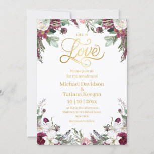 Convites Casamento Floral Outonal Dourado Elegante