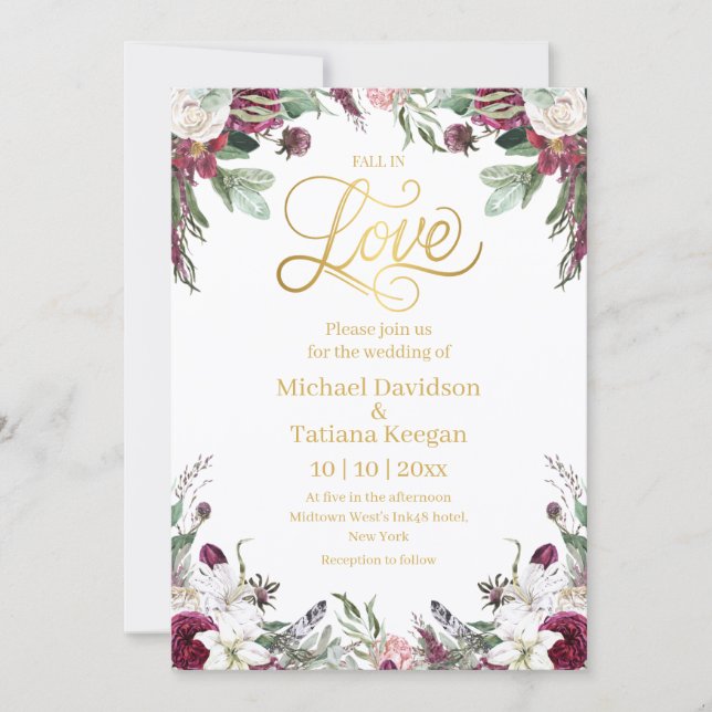 Convites Casamento Floral Outonal Dourado Elegante (Frente)