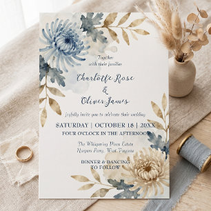 Convites Casamento Floral Outonal em Azul Empoeirado e Sepi