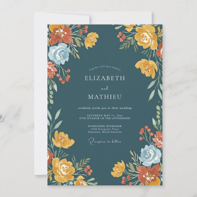 Convites Casamento Floral Outonal em Azul Turquesa (Frente)