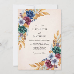 Convites Casamento Floral Outonal em Burgundy e Azul Verde