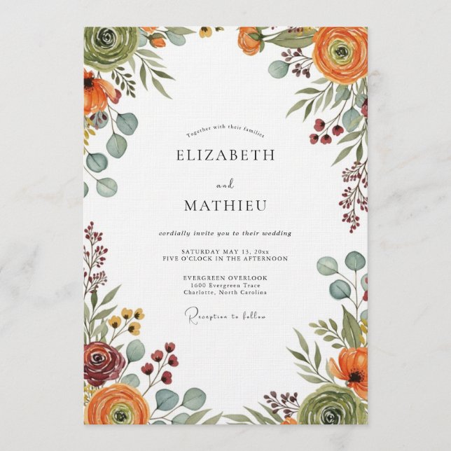 Convites Casamento Floral Outonal em Ocre e Sage (Frente)