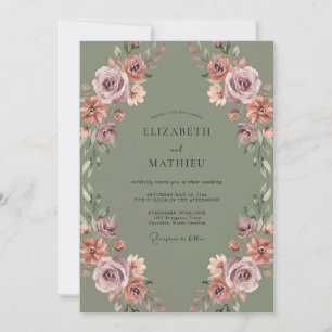 Convites Casamento Floral Outonal em Verde Salvia e Mauve
