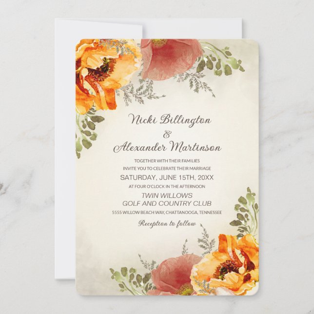 Convites Casamento Floral Outonal Laranja Queimada Rústico (Frente)