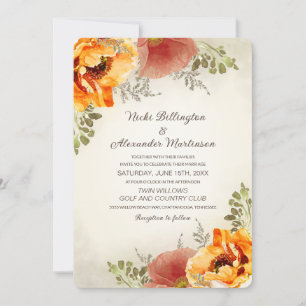 Convites Casamento Floral Outonal Laranja Queimada Rústico