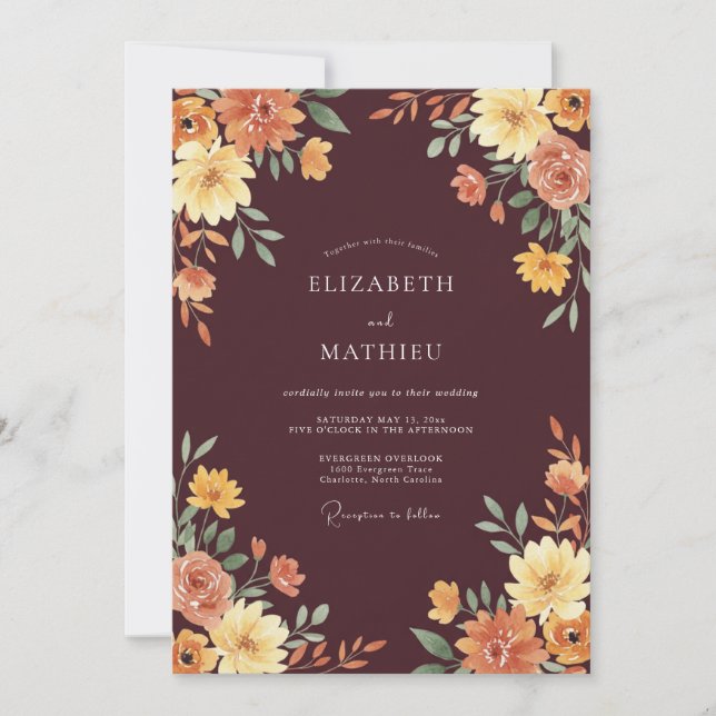 Convites Casamento Floral Outonal Marrom (Frente)
