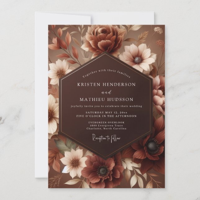 Convites Casamento Floral Outonal Marrom Sombrio (Frente)