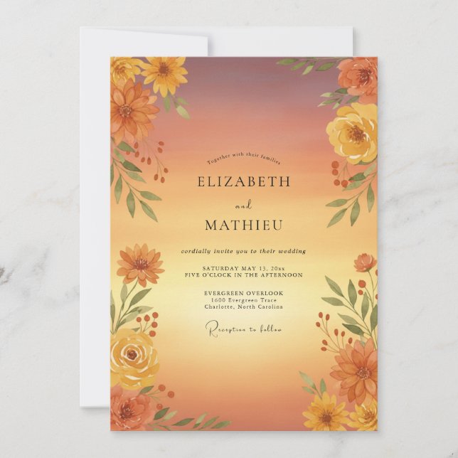 Convites Casamento Floral Outonal Ocre (Frente)