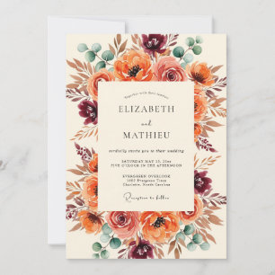 Convites Casamento Floral Outonal Pintado de Borgonha
