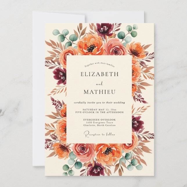 Convites Casamento Floral Outonal Pintado de Borgonha (Frente)