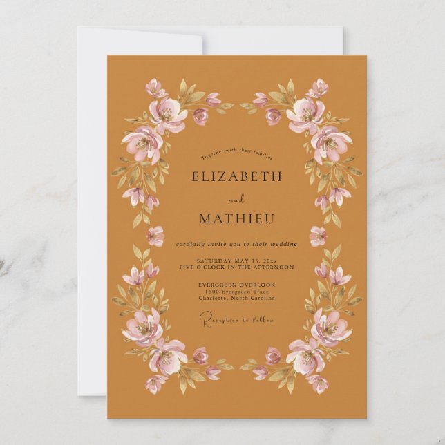 Convites Casamento Floral Outonal Quente em Ocre (Frente)