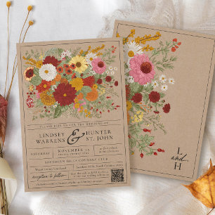 Convites Casamento Floral Outonal Rústico Kraft Elegante Vi