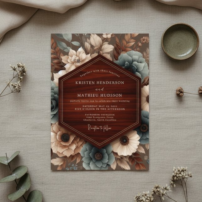 Convites Casamento Floral Outonal Teal Bloom (Criador carregado)
