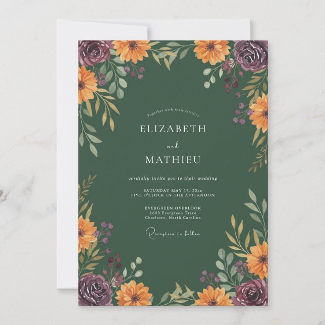 Convites Casamento Floral Outonal Verde Floresta (Frente)