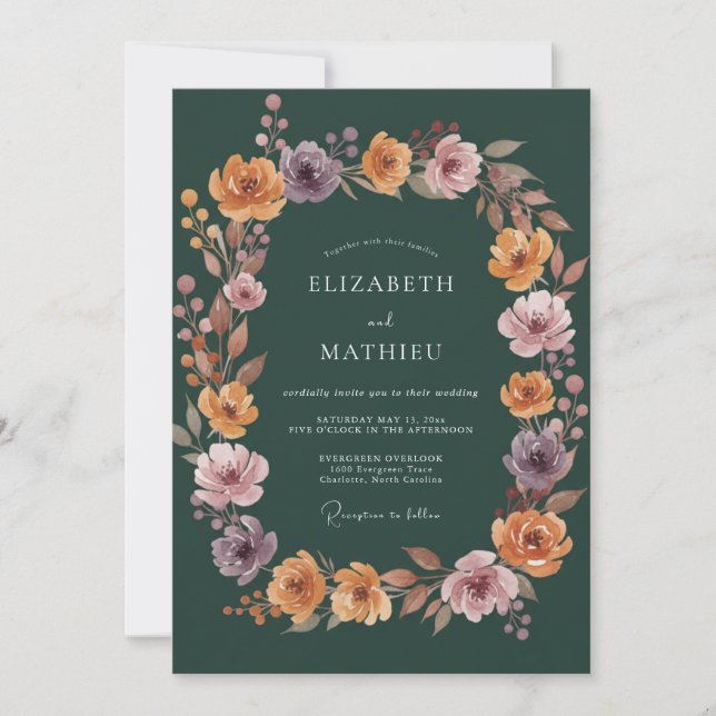 Convites Casamento Floral Outonal Verde Profundo (Frente)