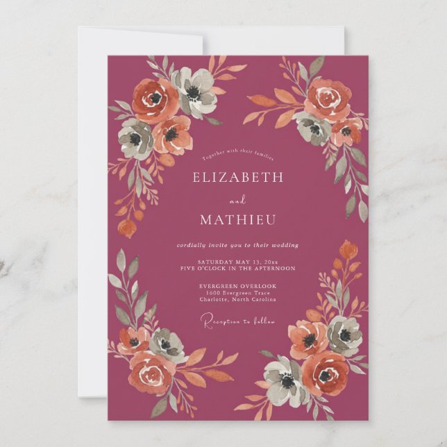 Convites Casamento Floral Outono Ameixa (Frente)