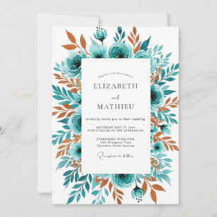 Convites Casamento Floral Outono Azul-Verde