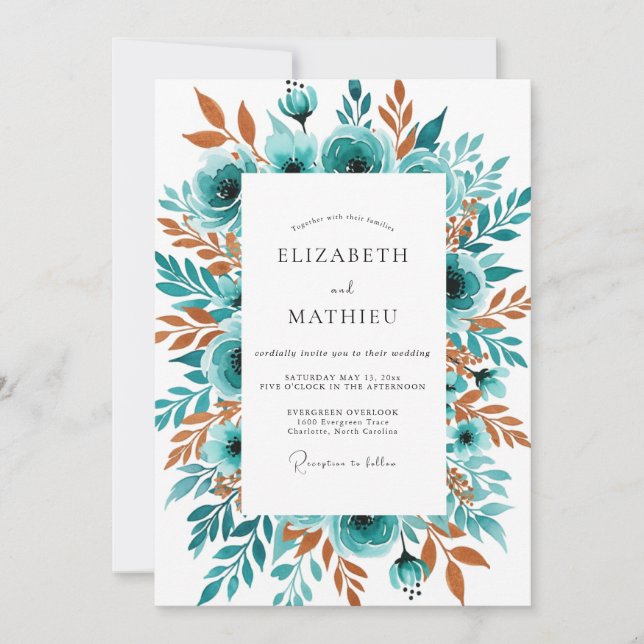 Convites Casamento Floral Outono Azul-Verde (Frente)