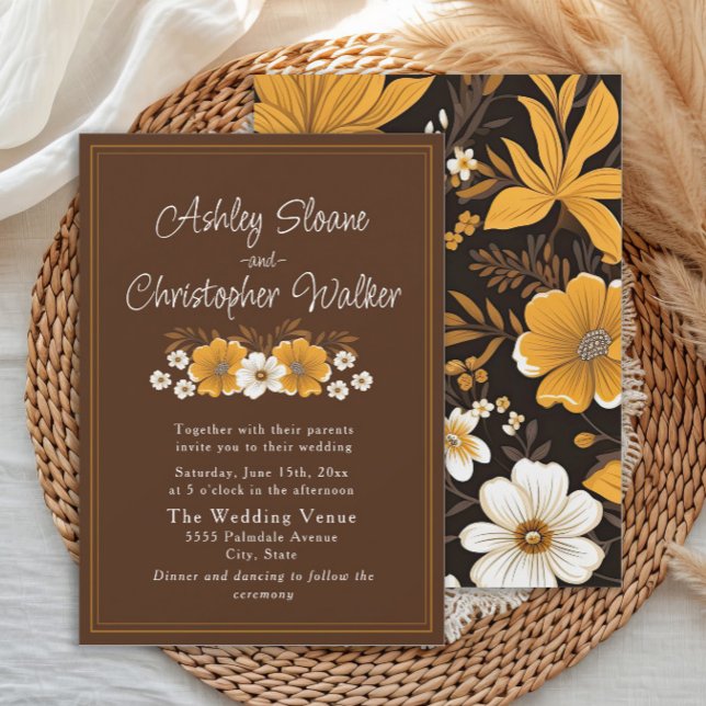 Convites Casamento Floral Outono Boho Dourado (Brown and yellow floral wedding invitation)