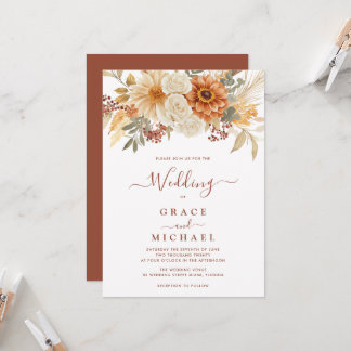 Convites Casamento Floral Outono Burgundy Terracota