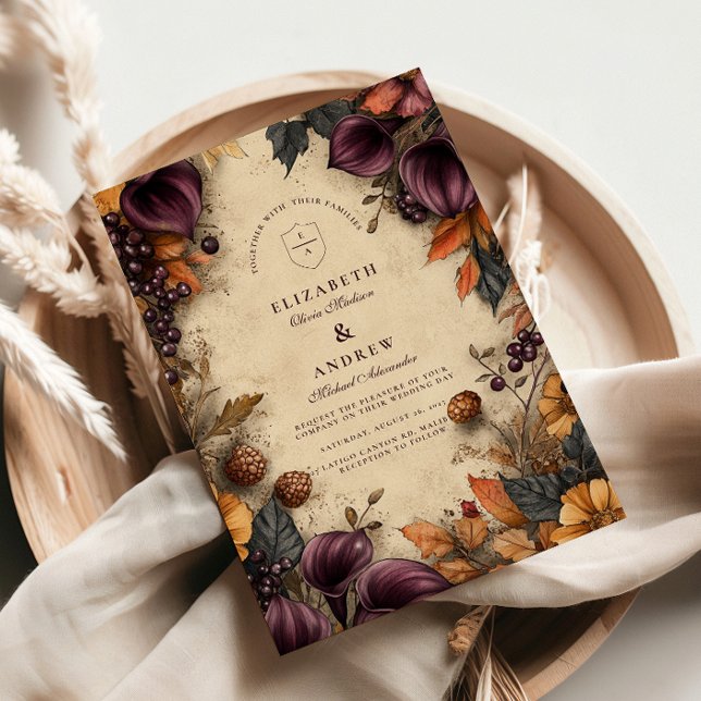 Convites Casamento Floral Outono Cereja Escuro (Criador carregado)