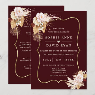 Convites Casamento Floral Outono Dourado Burgundy Profundo 