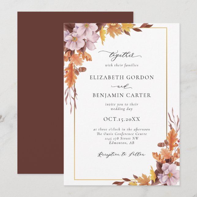 Convites Casamento Floral Outono Elegante Folhagem Script (Frente/Verso)