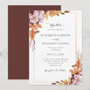 Convites Casamento Floral Outono Elegante Folhagem Script