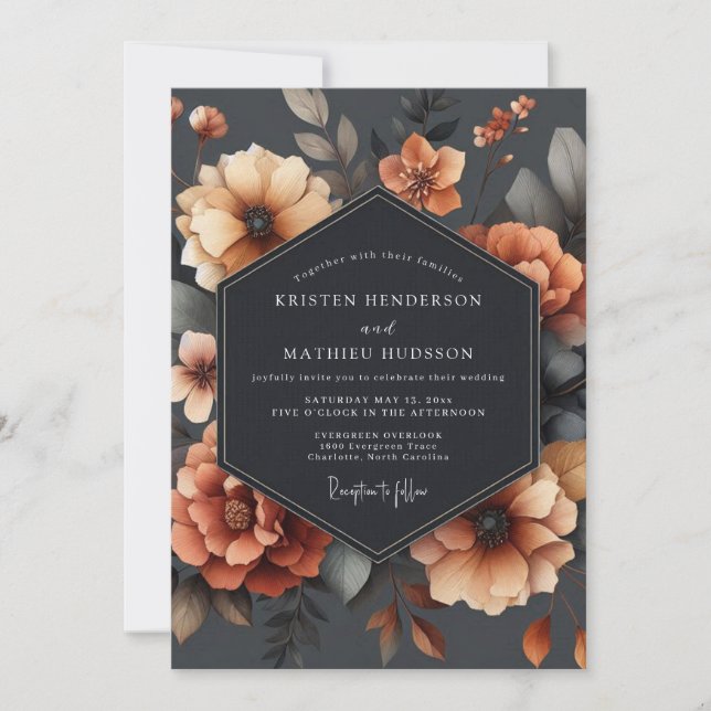 Convites Casamento Floral Outono Laranja Queimada (Frente)