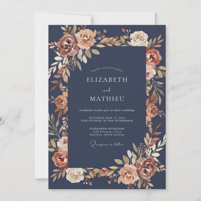 Convites Casamento Floral Outono Rust Navy (Frente)