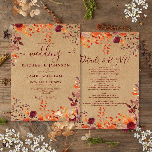 Convites Casamento Floral Outono Rústico Tudo Em Um