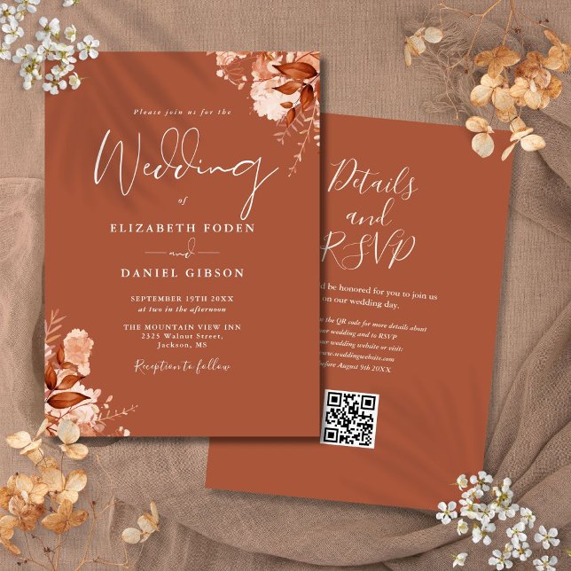 Convites Casamento Floral Outono Terracota Código QR (Terracotta Autumn Fall Floral QR Code Wedding Invitation)