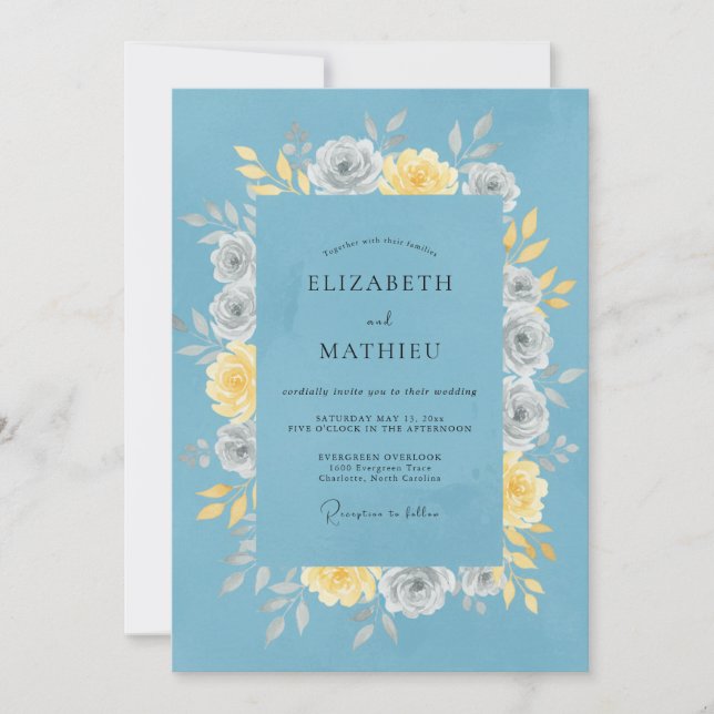 Convites Casamento Floral Pacífico Azul Empoeirado (Frente)