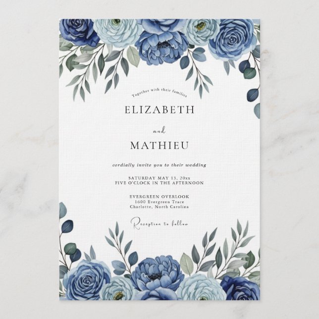 Convites Casamento Floral Painterly Azul (Frente)