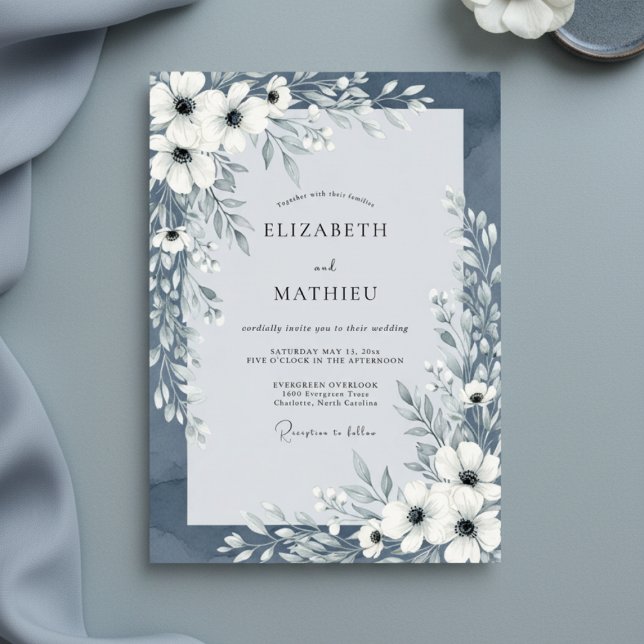 Convites Casamento Floral Painterly Azul Ardósia (Criador carregado)
