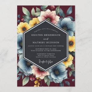 Convites Casamento Floral Painterly Azul Empoeirado