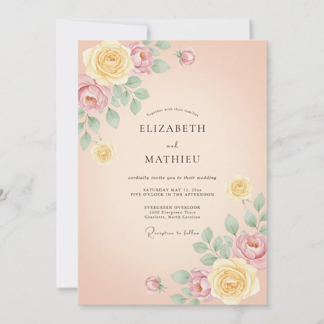 Convites Casamento Floral Painterly de Pêssego (Frente)