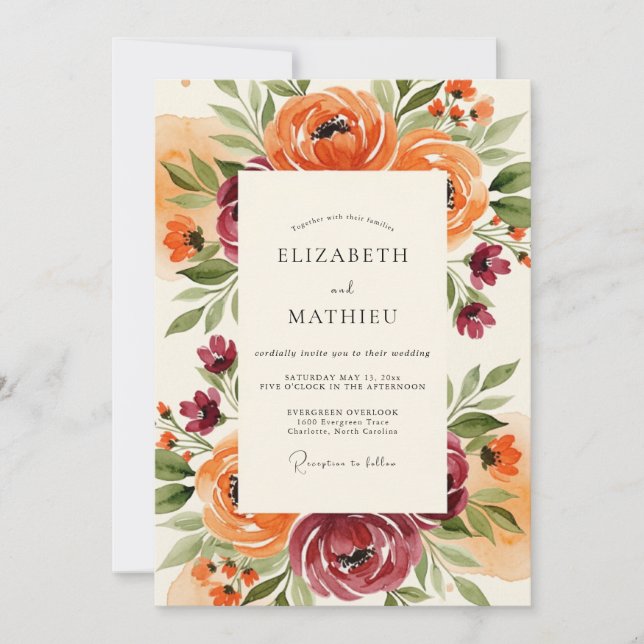 Convites Casamento Floral Painterly Laranja Borgonha (Frente)
