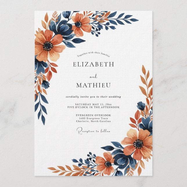 Convites Casamento Floral Painterly Laranja Queimada (Frente)