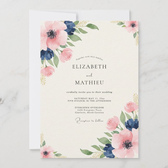 Convites Casamento Floral Painterly Rosa Marinho (Frente)