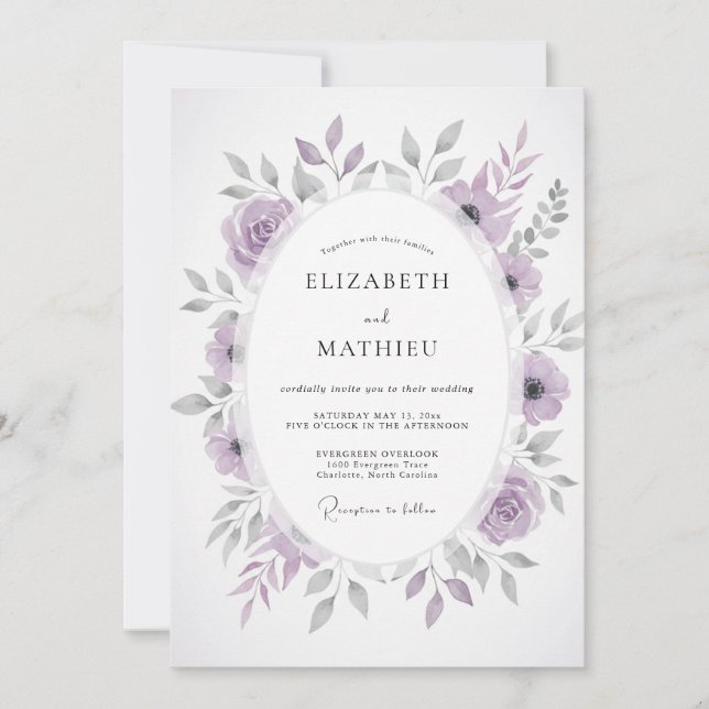 Convites Casamento Floral Painterly Roxo Empoeirado (Frente)