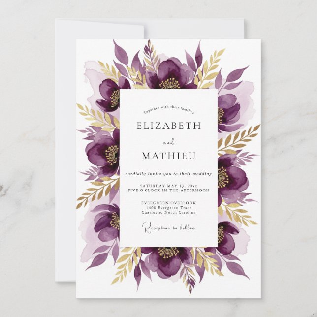 Convites Casamento Floral Painterly Roxo Intenso (Frente)