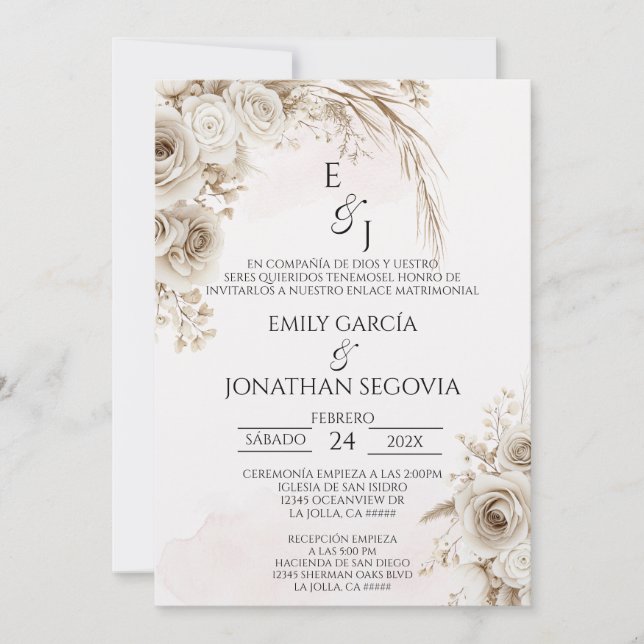 Convites Casamento floral pampas Boho espanhol (Frente)