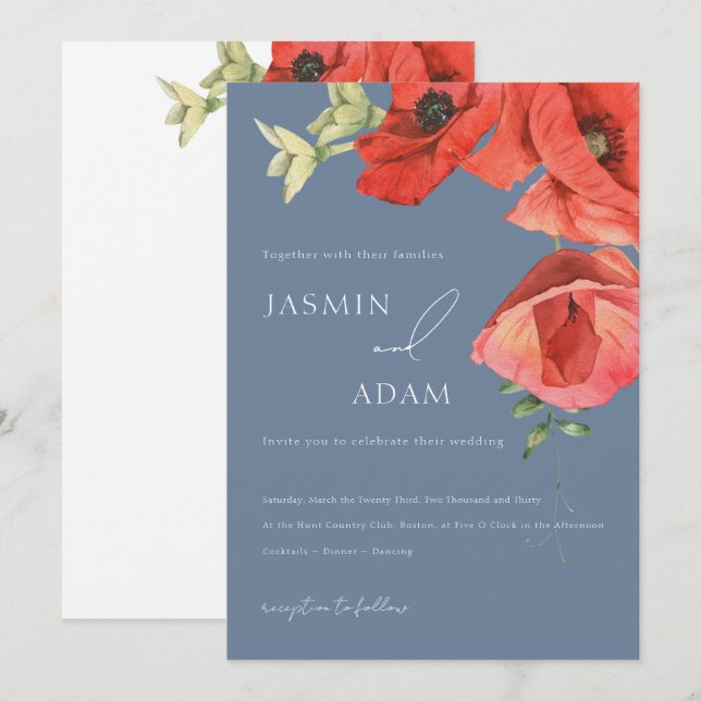 Convites Casamento Floral Papoula Vermelha Azul Empoeirado (Frente/Verso)