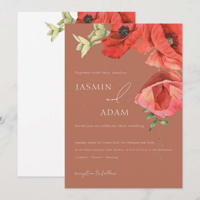 Convites Casamento Floral Papoula Vermelha Terracota (Frente/Verso)