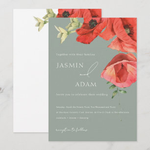 Convites Casamento Floral Papoula Vermelha Verde Salvia