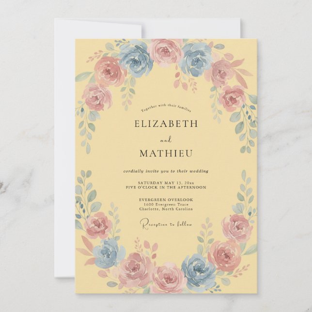 Convites Casamento Floral Pastel Amarelo Claro (Frente)